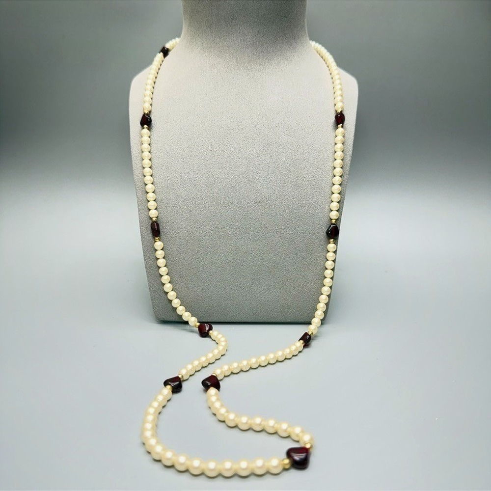 Vintage Monet Faux Pearl and Red Lucite Bead Necklace 40" Opera Casual Chic‎